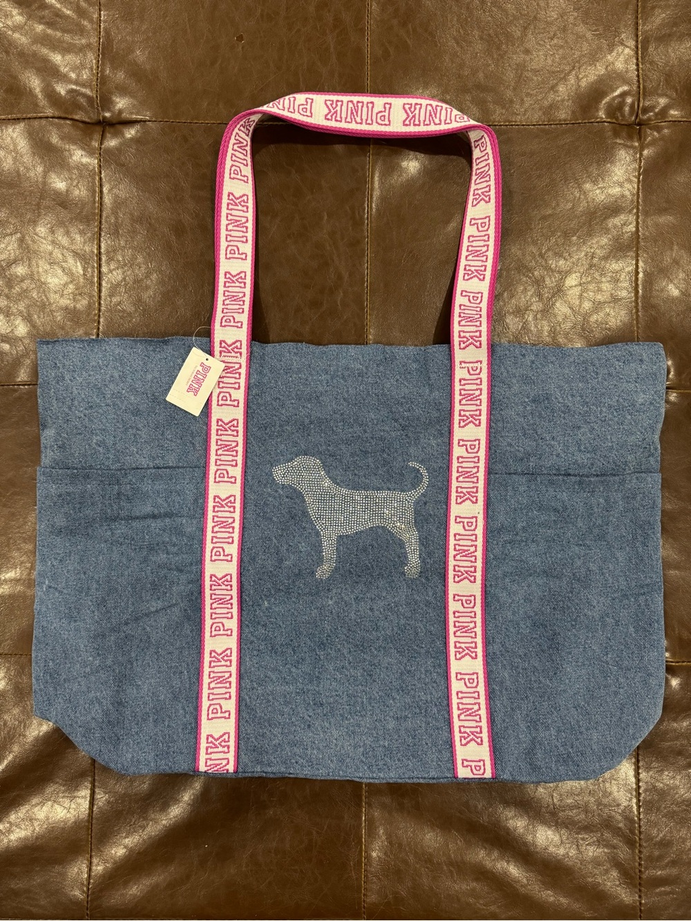 PINK Victoria's Secret Denim Tote with Pink Logo Straps and Pup Rhinestones